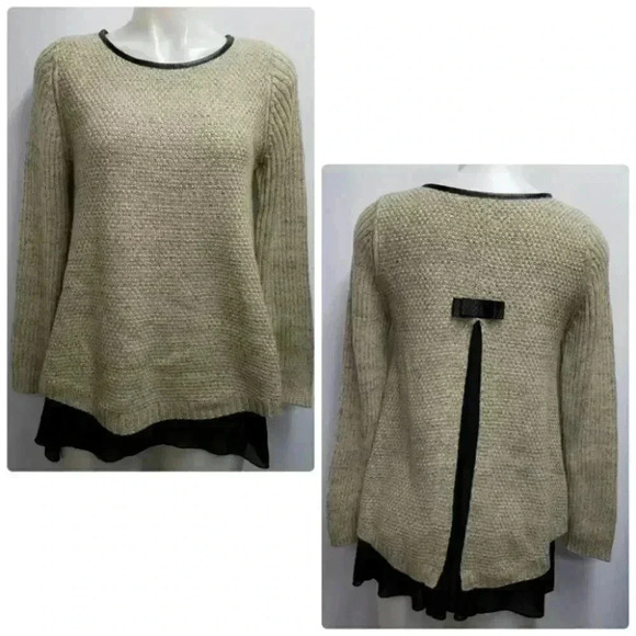 Zero Degrees Celsius Marled Tan Black Mixed Media Split Back Bow Tunic Sweater - Picture 1 of 9